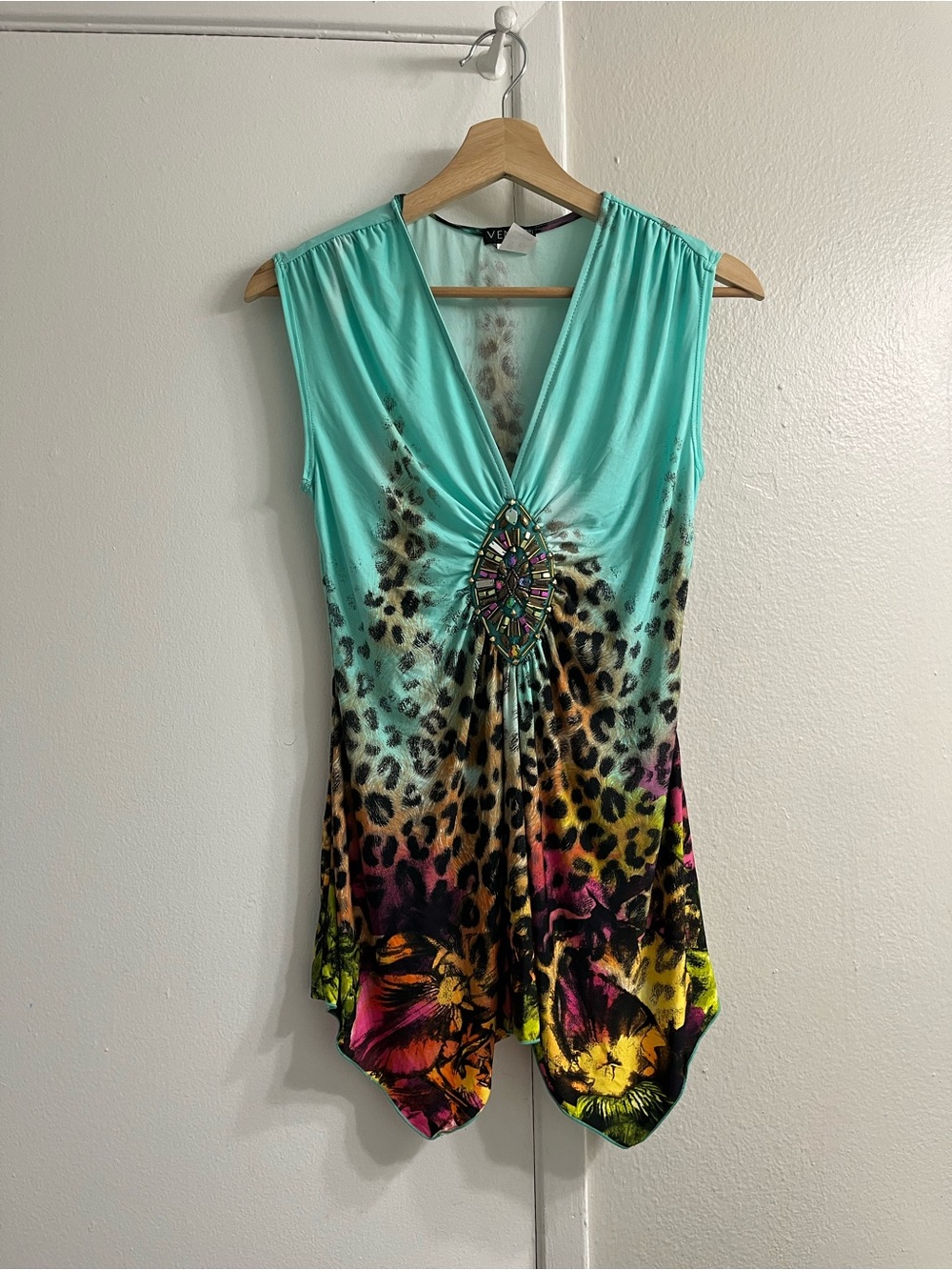 2000s Y2k cute Sleeveless Turquoise Animal-Print V-Neck Top with Embellished